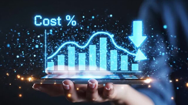 Holographic Cost Reduction Graph: Hand Holding Digital Tablet Displaying Glowing Bar Chart with Downward Arrow, Illustrating Business Efficiency & ...