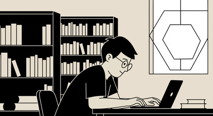 Student working on laptop in library, surrounded by books, studying and learning