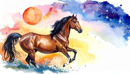 "Show a watercolor painting of a galloping brown horse with flowing black mane and tail across a surreal colorful landscape with blue, purple, pink, and yellow tones, and a red-orange sun in the sky."
