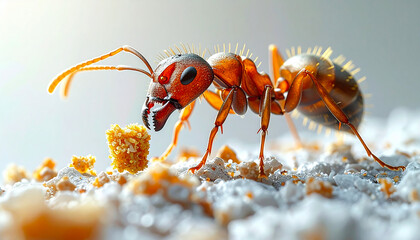 ant carrying a small food crumb, symbolic of hard work and strength, macro detail, natural texture, studio lighting, isolated on white background.