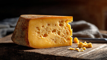 Gourmet slice of yellow cheese with large holes on dark wood