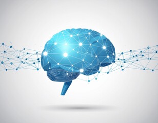 This detailed abstract graphic illustrates a glowing polygonal human brain connecting to a vast digital network, symbolizing artificial intelligence and complex thought processes.