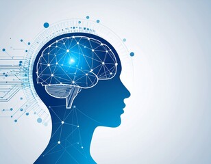 A captivating blue silhouette of a human head in profile reveals a glowing wireframe brain within, symbolizing intelligence, digital thought, and technological advancement.
