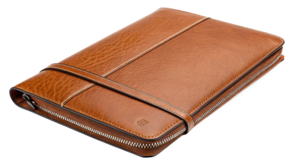 Elegant genuine leather zippered portfolio case featuring refined stitching and strap detail on transparent background