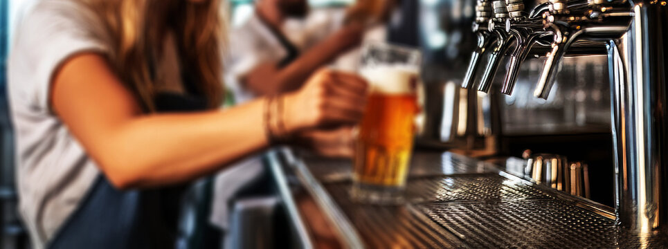 female bartender pouring beer from a tap at a bar counter, 
