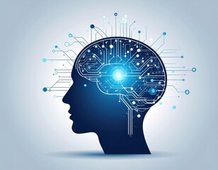 This detailed illustration features a blue human head in profile with a sophisticated circuit board brain, radiating digital connections outwards, symbolizing advanced AI.