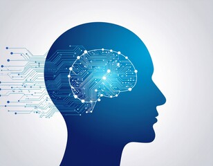 A profound blue silhouette of a human head in profile displays a glowing circuit board brain, with digital lines extending horizontally, signifying technological intelligence and data flow.