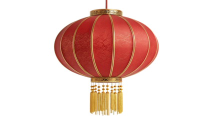 Ornate traditional Chinese festival lantern crafted in vibrant red silk with intricate gold trim and flowing tassels hanging down on transparent background