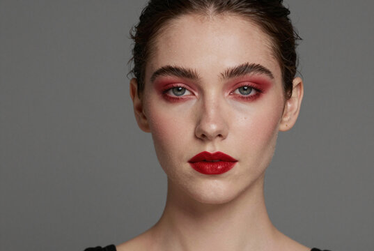 Woman with dramatic red eye and lip makeup.