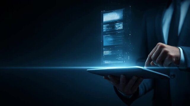 Entrepreneur reviewing smart contract interface on a tablet enabling secure and efficient automated grant disbursement using innovative software tools.