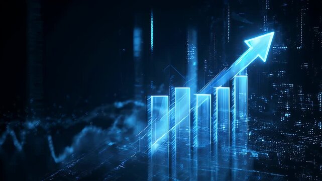 A digital visualization of data, depicting a rising trend. Glowing arrow overlays the charts against a dark, futuristic background