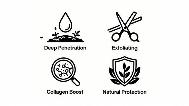 The elements of deep penetration and exfoliation represent the skin care functions of collagen enhancement and natural protection, suitable for skin care materials.
