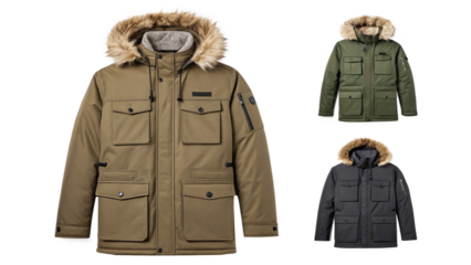 Collection of warm winter parka coats featuring detachable fur-trimmed hoods in various neutral colors on transparent background