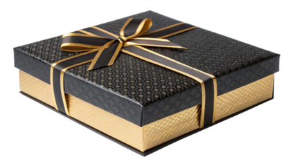 Elegant black and gold textured gift box securely wrapped with a luxurious satin ribbon bow on transparent background