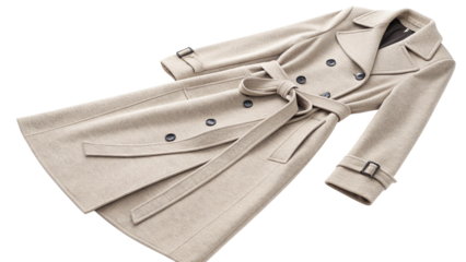 Luxurious beige wool blend double breasted trench coat featuring a self tie belt and dark buttons on transparent background