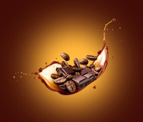 Dynamic coffee splashes with coffee beans and a broken chocolate bar in motion on a brown background. Generative AI