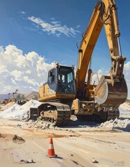 Obraz premium Heavy Excavator at a Construction Site Under a Blue Sky.