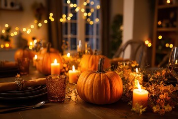 Fototapeta premium A warm Thanksgiving table setting is displayed in passive voice, pumpkins are placed with balanced composition, candles emit soft amber light, string lights shimmer faintly 
