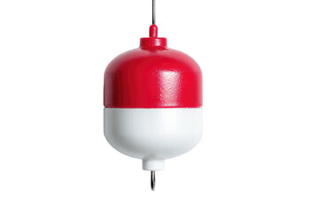 Red/white float hangs, black cord, isolated, simple object