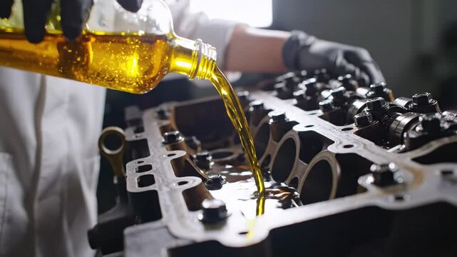 Close up of Mechanic Pouring Yellow Oil into a Gray Internal Combustion Engine with Dark Background in Automotive Setting