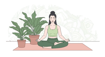 Woman Meditating in Lotus Pose on Yoga Mat with Potted Plants