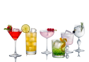 Five elegantly presented, distinctively colored, ice-chilled cocktails with varied garnishes in unique glasses on a reflective surface against a transparent background, concept for premium beverage
