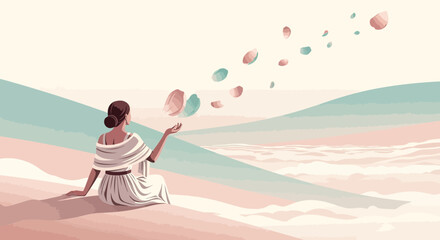 Woman meditating releasing petals in a serene landscape, calm atmosphere