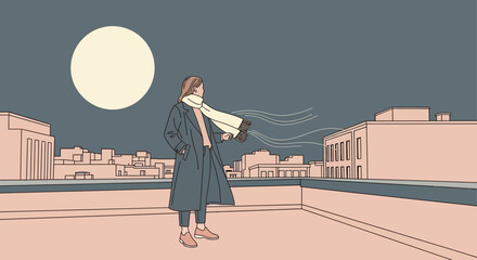 Woman on rooftop looking at moon and city skyline at night, minimalist illustration