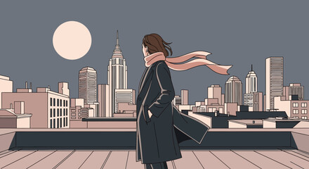 Woman on rooftop overlooking city skyline at night with moon