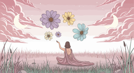 Woman meditating with floating flowers under crescent moons and clouds
