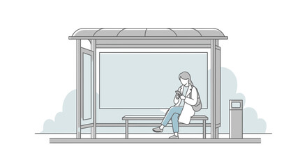 Woman waiting at bus stop, using phone, minimalist illustration