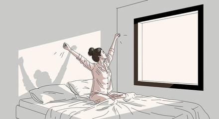 Woman waking up and stretching in bed, sunlight streaming through window.