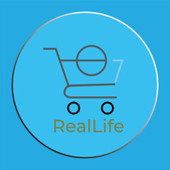 Modern Minimalist Shopping Cart Logo Icon with RealLife Text on Blue Circular Background