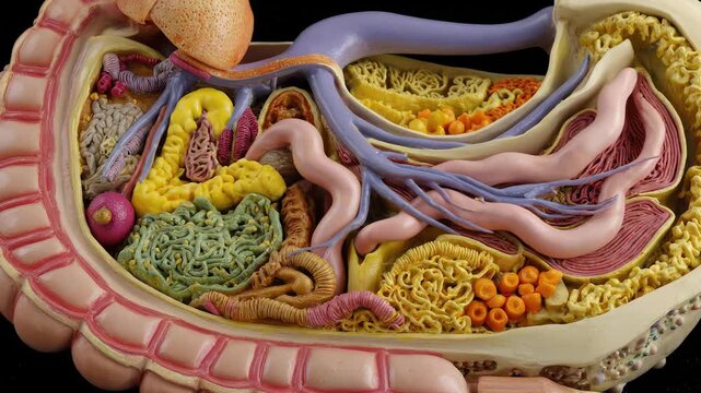 Detailed biological cell model cross-section with colorful organelles and internal anatomy