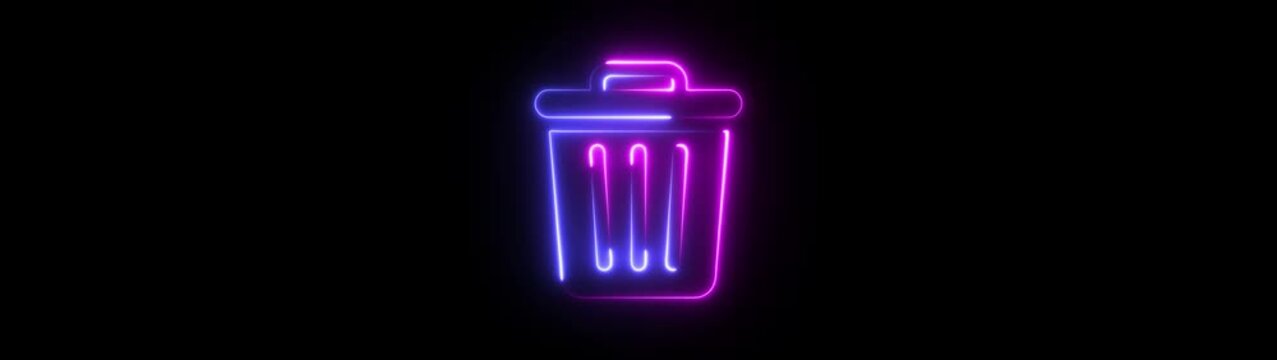 Neon glowing delete icon on black background 4k animation. office trash icon. delete animation icon