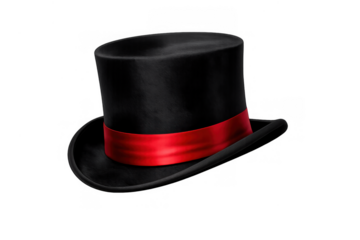Black formal top hat with a vibrant red ribbon, representing elegance, magic, and classic style. Item on transparent background