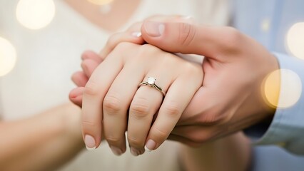 Man holding woman hand showing diamond engagement ring on finger with bokeh lights in background