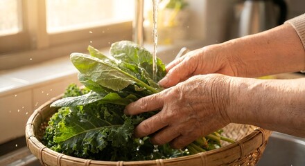 Senior woman preparing healthy food, cleaning greens in kitchen. Active aging lifestyle concept.