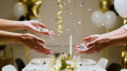 Hands of two individuals are joyfully tossing shiny confetti into the air during a festive celebration, surrounded by elegant table settings and colorful balloons, creating a vibrant party atmosphere