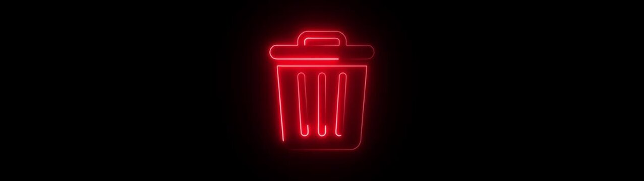 Neon glowing delete icon on black background 4k animation. office trash icon. delete animation icon