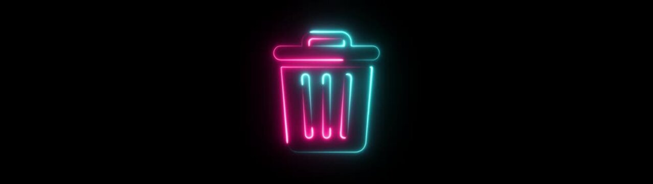 Neon glowing delete icon on black background 4k animation. office trash icon. delete animation icon