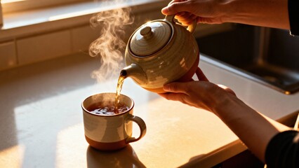 Hands gracefully pour hot tea from a ceramic teapot into a cozy mug on a sunlit kitchen countertop, with steam rising, creating a warm and inviting atmosphere perfect for relaxation and enjoyment