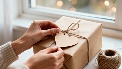 A womans hands are carefully attaching a heart-shaped tag to a wrapped gift box, emphasizing the thoughtful details of gift preparation in a warm, inviting indoor setting with soft lighting