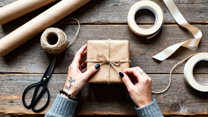 Hands of a woman carefully wrapping a gift in brown paper, using twine and scissors, surrounded by rolls of wrapping paper and decorative ribbons, creating a festive atmosphere for special occasions