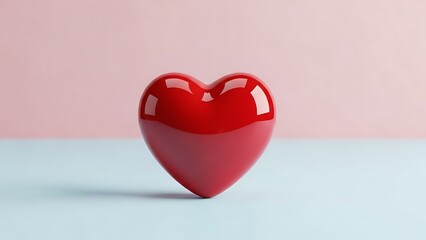 Glossy red heart 3d object standing on blue surface against soft pink background for love concept