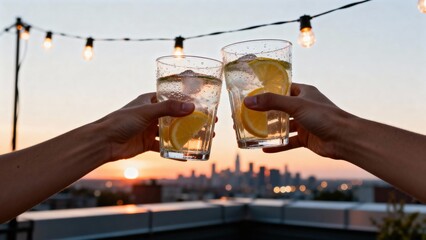 Two hands clinking glasses filled with sparkling water and lemon slices against a vibrant sunset skyline, creating a celebratory atmosphere on a rooftop with string lights illuminating the scene
