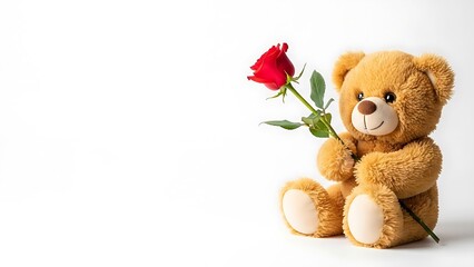 Cute fluffy teddy bear holding single red rose on white background with copy space