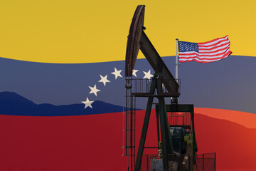 Silhouette of old rig with USA flag on a background of Venezuela flag. 
