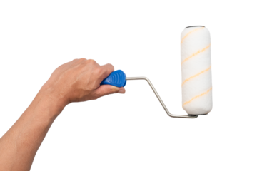 male painter is holding a paint roller horizontally.
