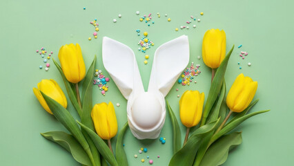 White bunny shaped cake with yellow tulips and colorful sprinkles on pastel background.